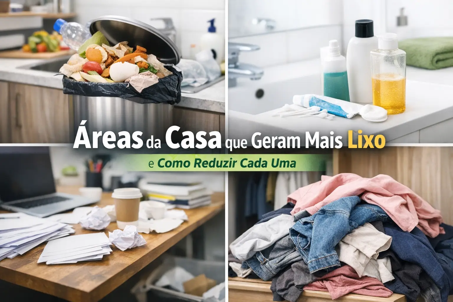 Áreas da casa com mais lixo: cozinha, banheiro, escritório e roupas