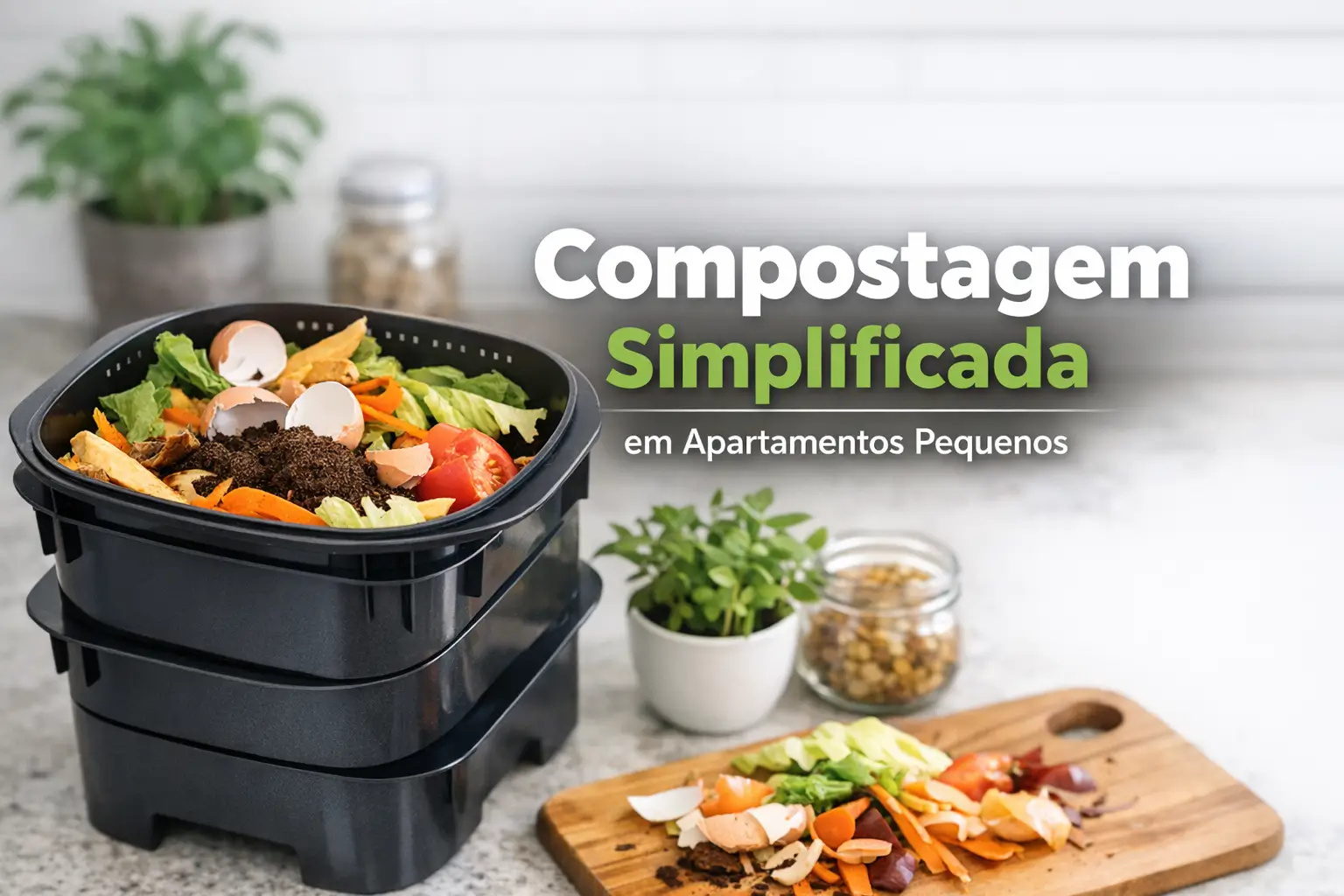 Três composteiras com restos de cozinha e planta ao fundo para compostagem