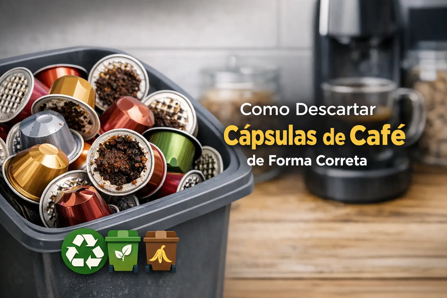 Cápsulas de café metálicas usadas com máquina ao fundo e texto sobre descarte correto