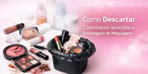 Cosméticos vencidos no lixo com itens de maquiagem espalhados em fundo rosa