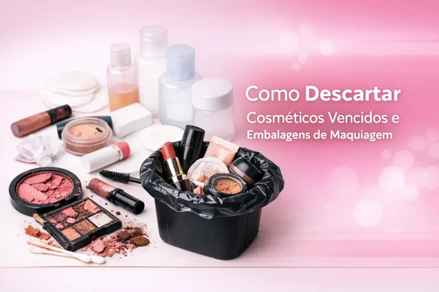 Cosméticos vencidos no lixo com itens de maquiagem espalhados em fundo rosa