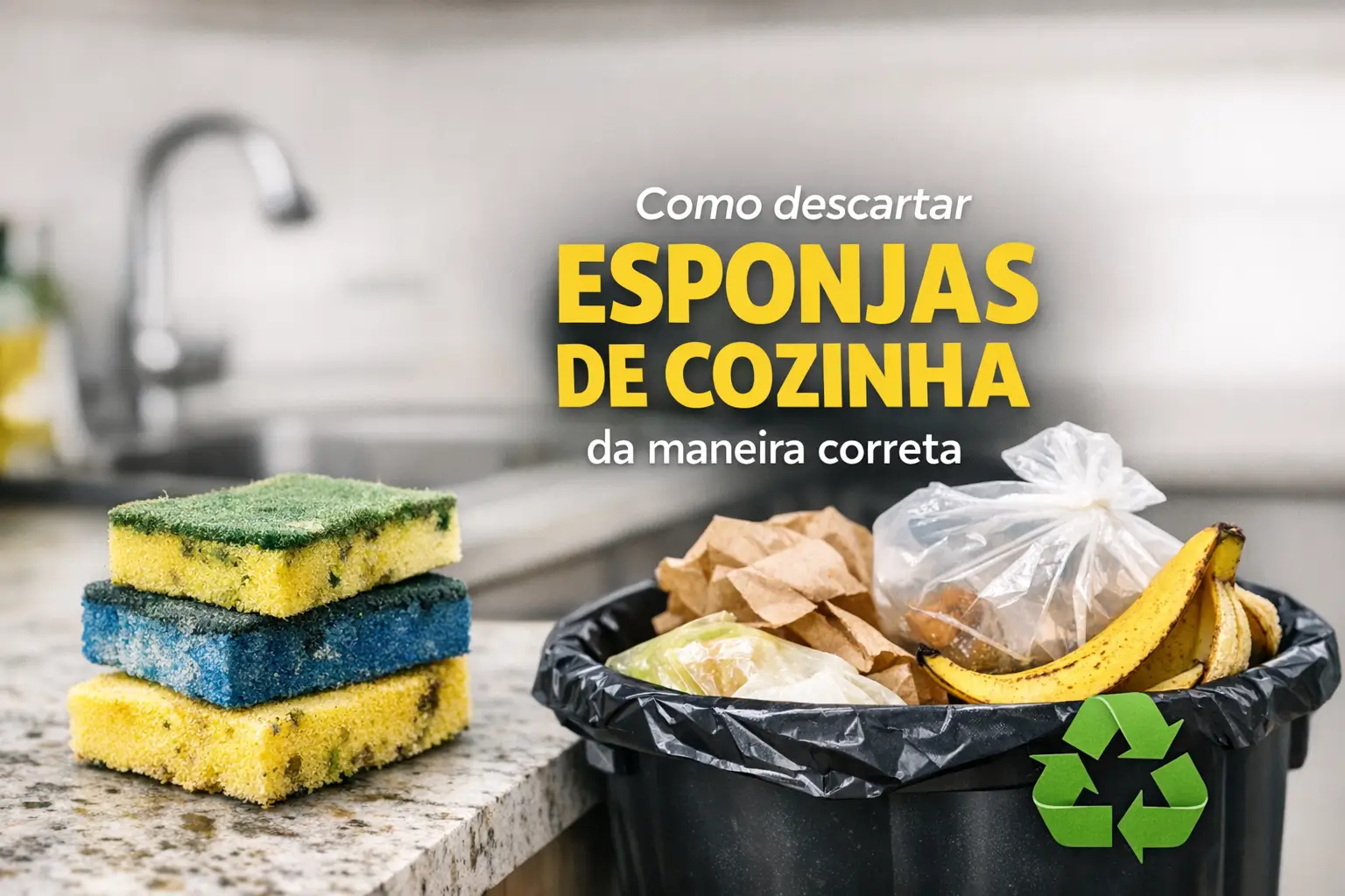 Sponges coloridas e lixo sobre bancada de cozinha, reciclagem incentivada.