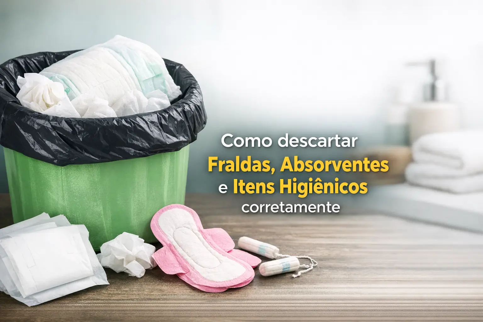 Lixeira verde com fraldas usadas e itens de higiene descartados em um banheiro