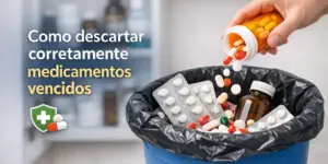 Descarte medicamentos vencidos corretamente em uma lixeira preta.