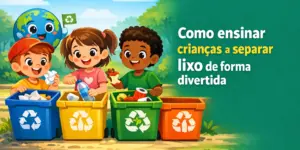 Crianças aprendendo a separar lixo com latas coloridas ao ar livre