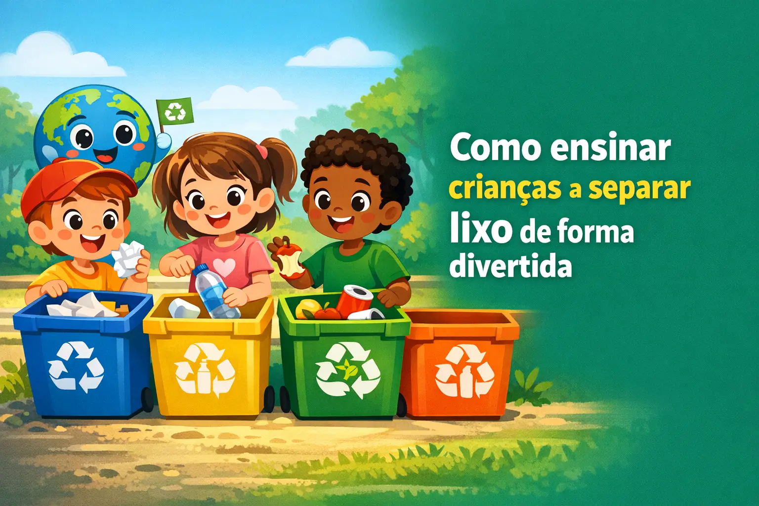 Crianças aprendendo a separar lixo com latas coloridas ao ar livre