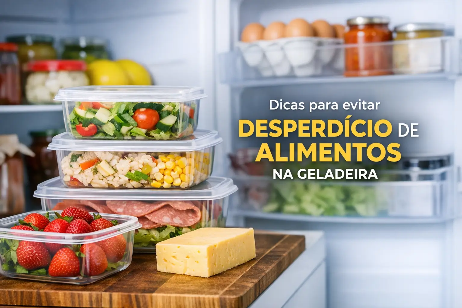 Contêineres com saladas frescas e dicas para evitar desperdício de alimentos na geladeira.