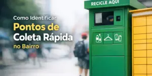 Kiosque verde de reciclagem 'Recicle Aqui' em rua urbana movimentada com foco na sustentabilidade