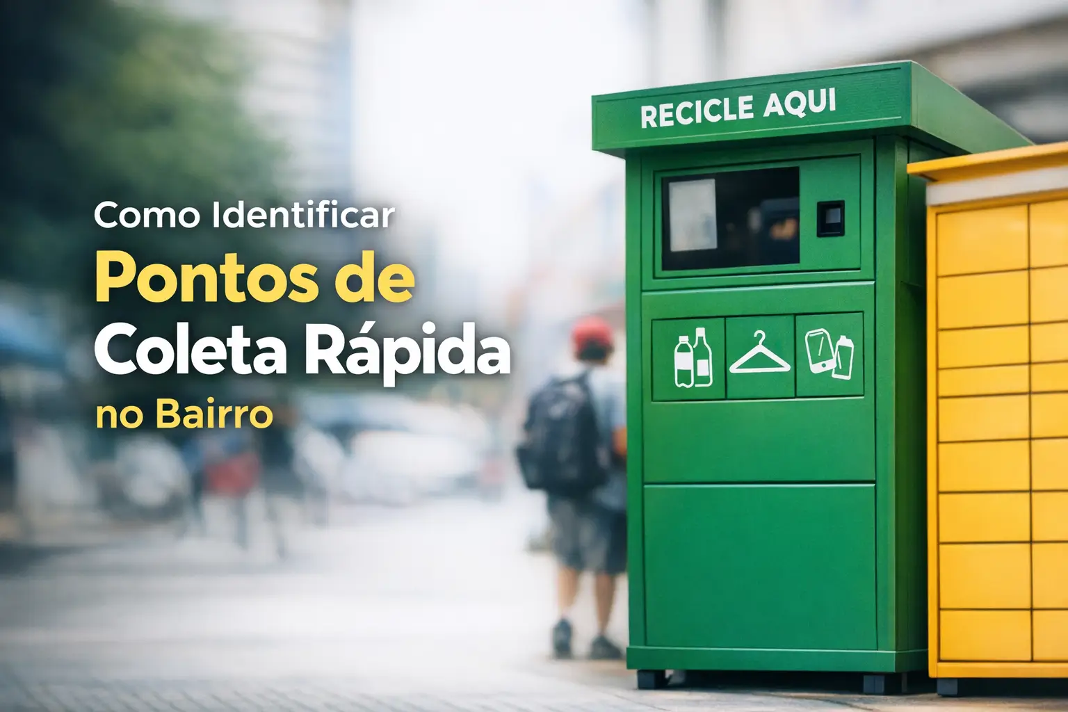 Kiosque verde de reciclagem 'Recicle Aqui' em rua urbana movimentada com foco na sustentabilidade
