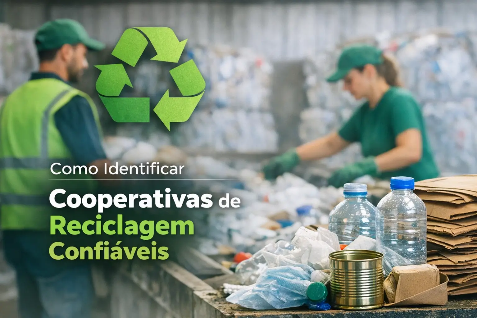 Cooperativa reciclagem confiável com símbolo verde e materiais recicláveis.