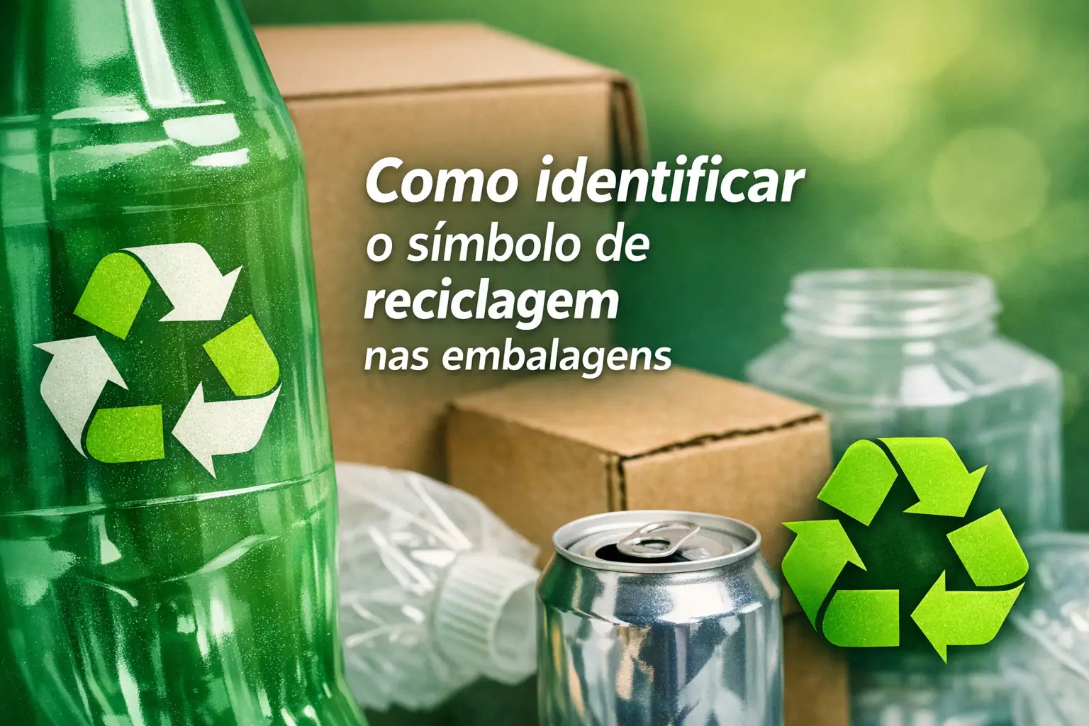 Símbolo de reciclagem em garrafa plástica cercada por materiais recicláveis