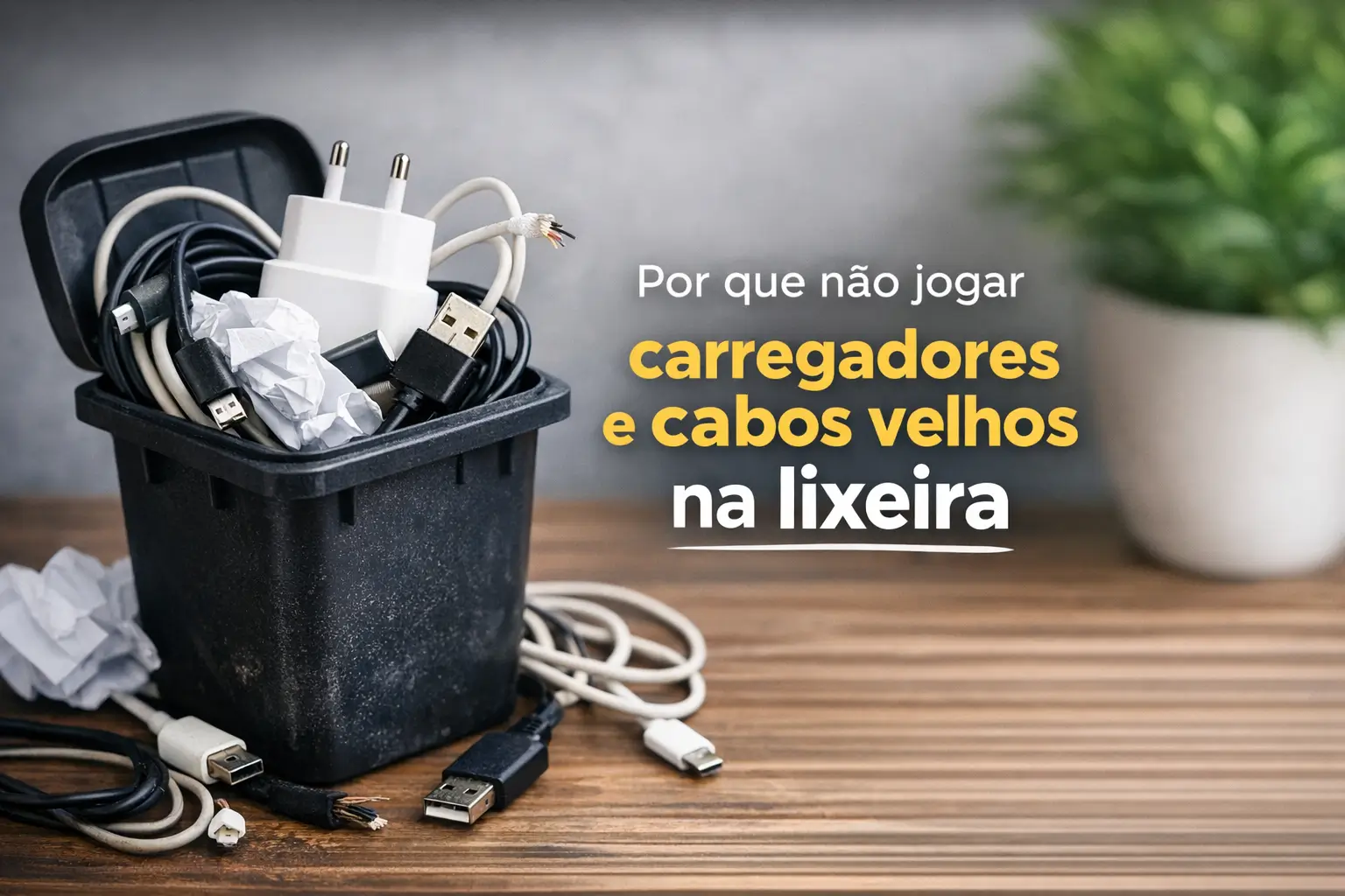Carregadores e cabos antigos em um recipiente com fundo de planta