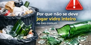 Latas de lixo preto com vidro quebrado e papel descartado, alerta de descarte correto