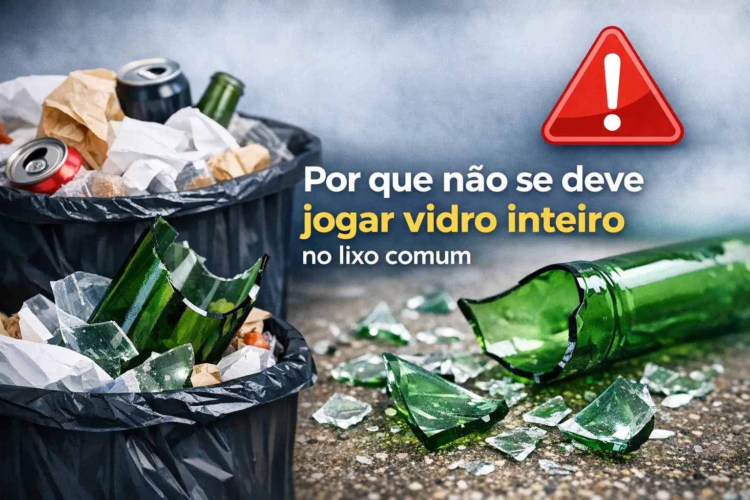 Latas de lixo preto com vidro quebrado e papel descartado, alerta de descarte correto