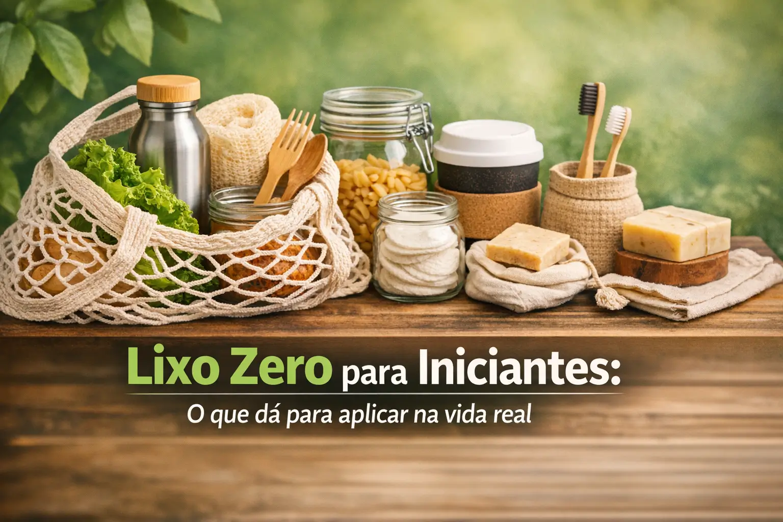 Itens de lixo zero: vegetais em uma bolsa, garrafa e utensílios sustentáveis com foco no lixo zero