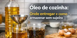 Garrafas de óleo e funil enchendo pote de vidro em cenário de cozinha