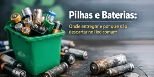 Recipiente verde com pilhas e baterias em superfície de madeira e símbolo de reciclagem ao fundo