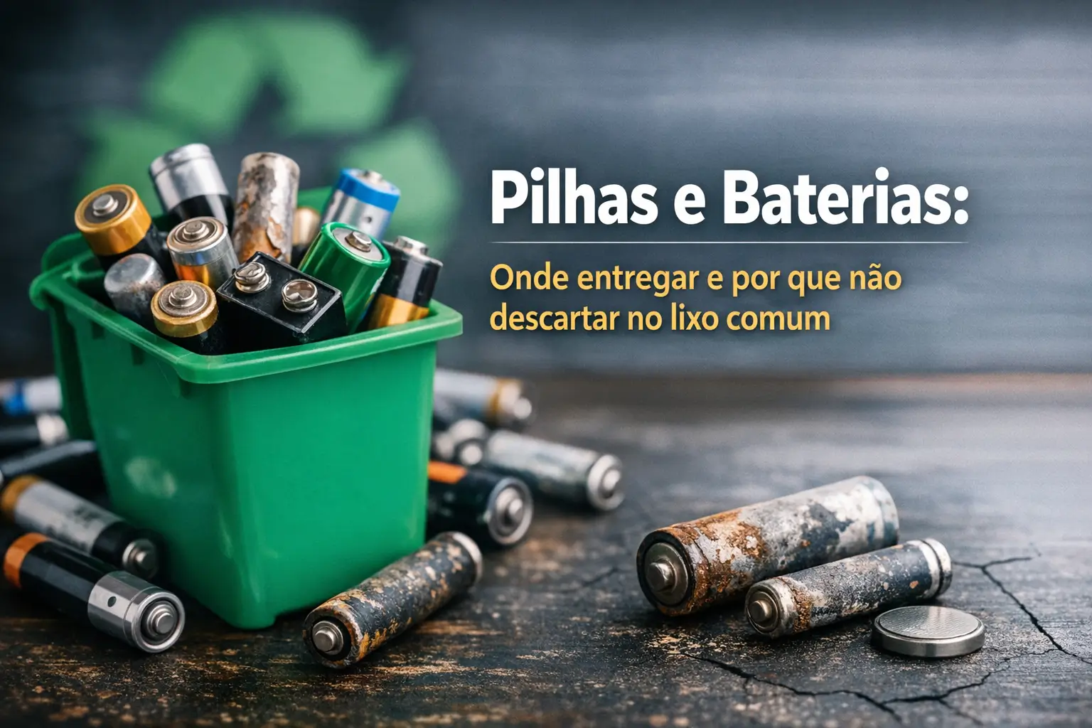 Recipiente verde com pilhas e baterias em superfície de madeira e símbolo de reciclagem ao fundo