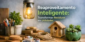 Mesa ecológica com luz de jarra, materiais artesanais e plantas