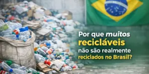 Pilha de resíduos não reciclados no Brasil com sacola de garrafas plásticas em destaque