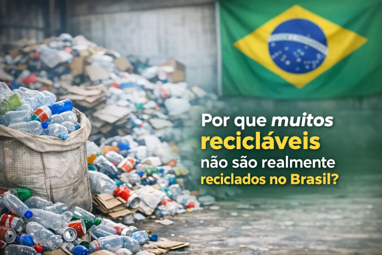 Pilha de resíduos não reciclados no Brasil com sacola de garrafas plásticas em destaque