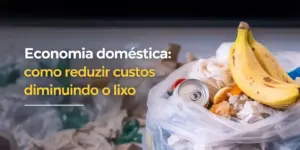 Saco de lixo branco com resíduos domésticos e texto sobre economia doméstica