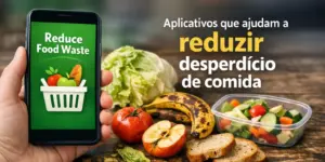 Smartphone com app 'Reducing Food Waste', alimentos e textura rústica