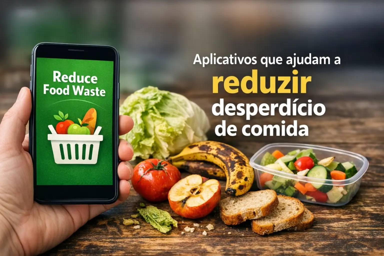 Smartphone com app 'Reducing Food Waste', alimentos e textura rústica