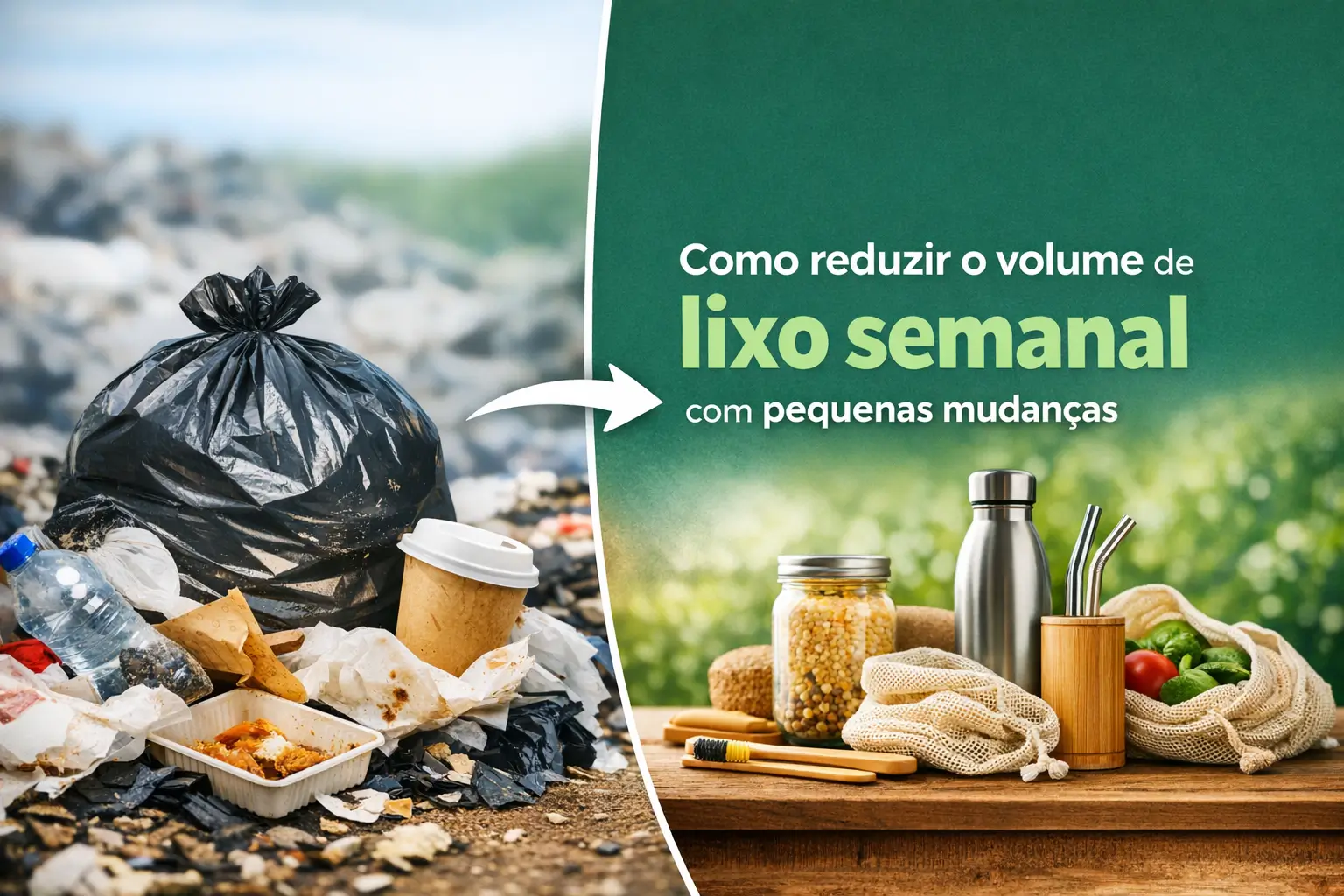 Contraste entre lixo e itens sustentáveis para reduzir resíduos semanalmente