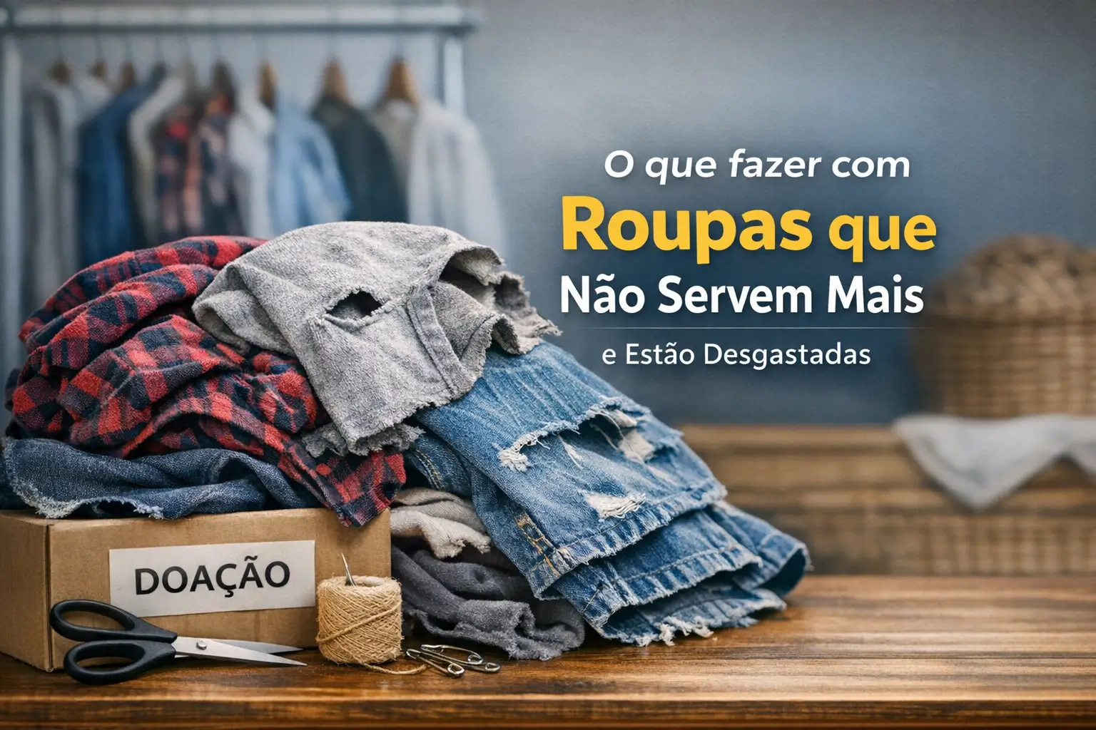 Caixa de doação de roupas desgastadas com acessórios de reparo.