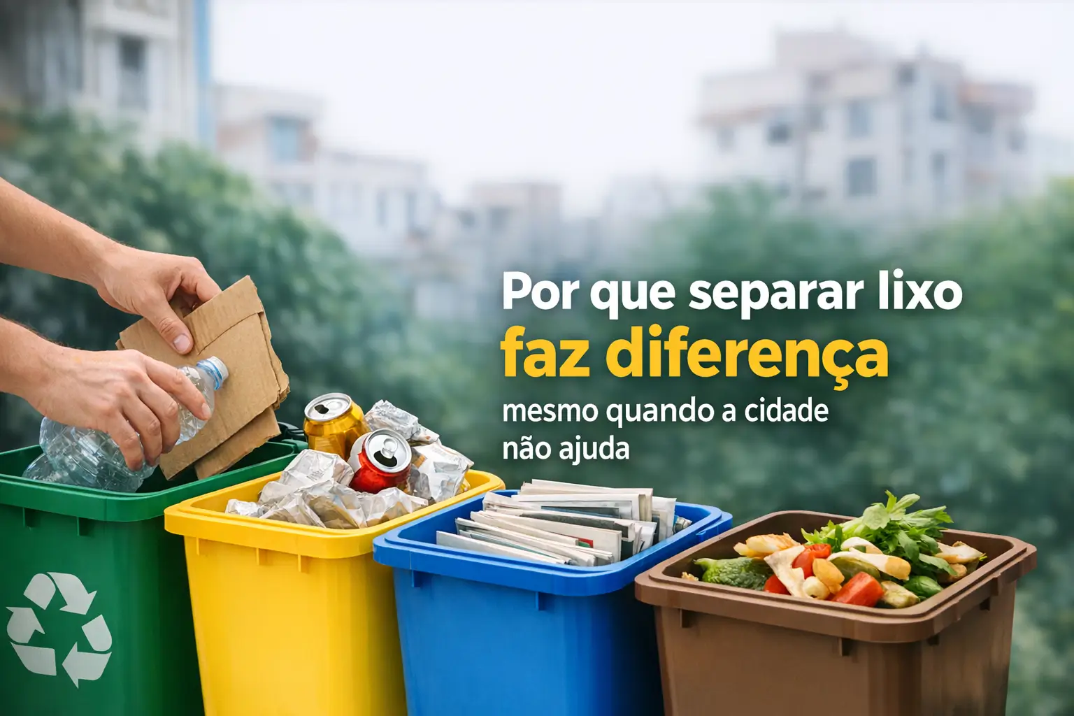 Pessoa reciclando papel e plástico em lixeiras coloridas com cidade ao fundo