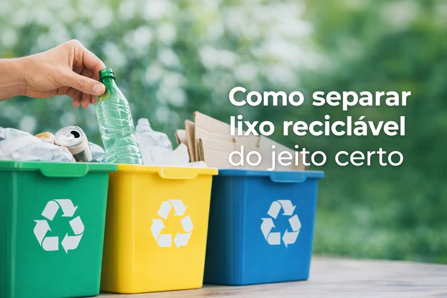 Mão segurando garrafa verde acima de lixeiras recicláveis coloridas