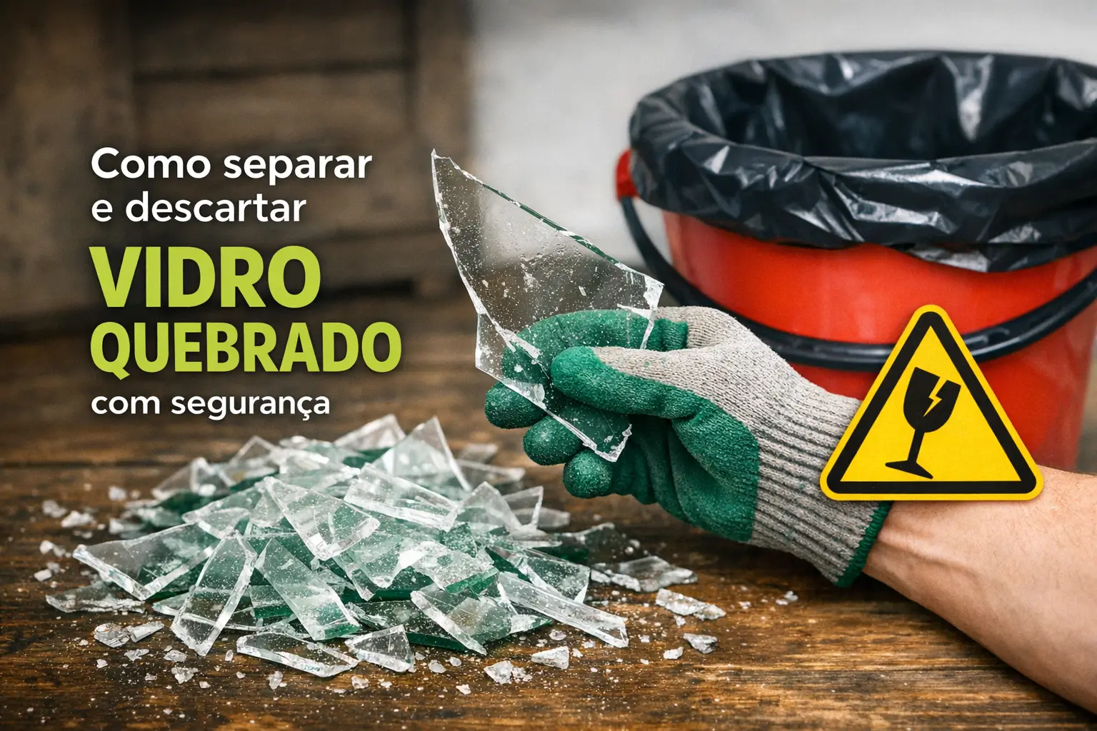 Mão com luva verde segurando vidro quebrado com balde vermelho ao fundo